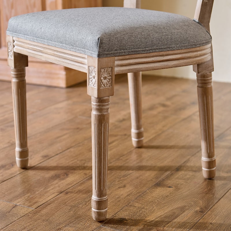 Set of 2 French Side Chairs with Carved Wood Legs & Linen Upholstery