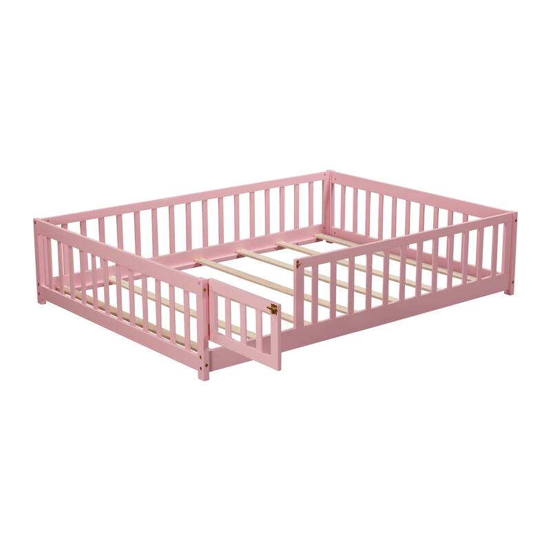 Floor Bed with Fence,Door and Safety Guardrails,Perfect for Kids' Play,Sleep and Development