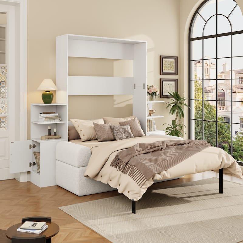 Queen Wall Murphy Bed with Sofa & Storage Cabinets, Home Office & Guest Room