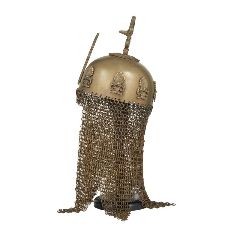 Metal Replica Medieval Ottoman Islamic Helmet with Black Wood Stand and Chainmail - Brass - Roche River Decor