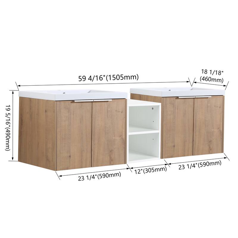 60 Inch Bathroom Vanity with Soft Close Doors, Resin Sink, Ample Storage and Matching Small Shelves (KD Packing)