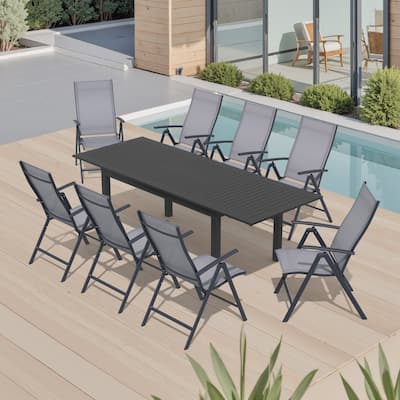 9PCS Outdoor Dining Set Rectangular Expandable Aluminum Table with Adjustable Folding Chairs