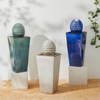36"H Beige/ Blue Oversized Artichoke Pedestal LED Ceramic Fountain by Glitzhome