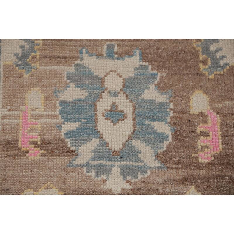 Hand Knotted Oriental 100% Wool Carpet Transitional Floral Brown Oushak Runner Rug - 14' 11'' X 3' 2''