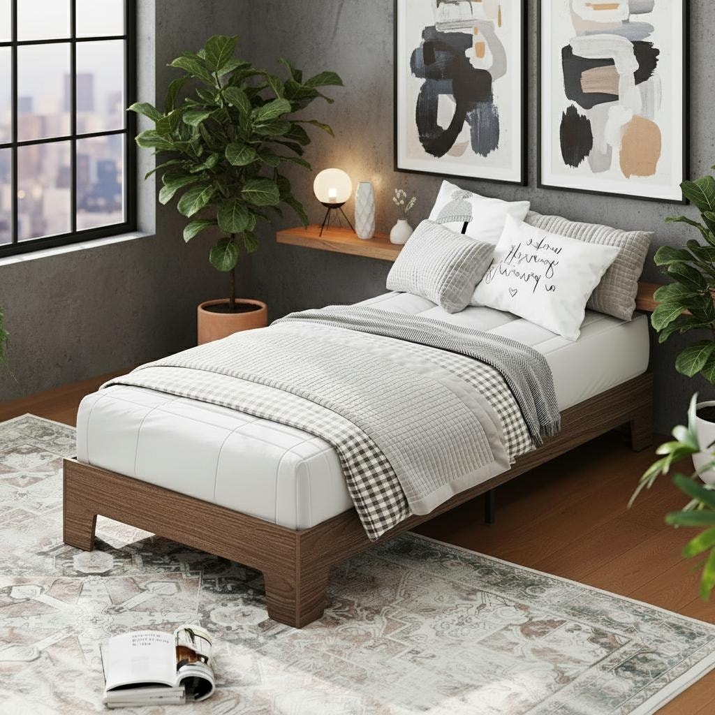 Wood Platform Bed Frame, with Strong Wooden Slats