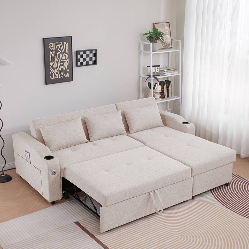 84"Adjustable Backrest Sofa Bed,3 in 1 Linen Sleeper with USB Ports & Cup Holders,Pull Out Couch Bed with Storage Chaise