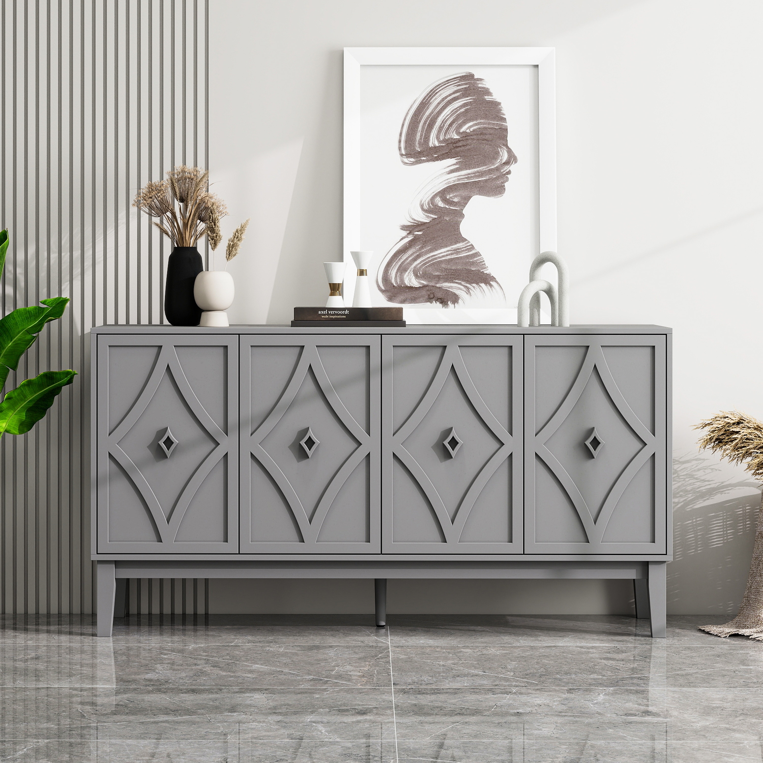 4 Doors Cabinet Vintage Storage Cabinet with Hand-Carved Geometric Doors, Adjustable Shelves, Sideboard Buffet Cabinet