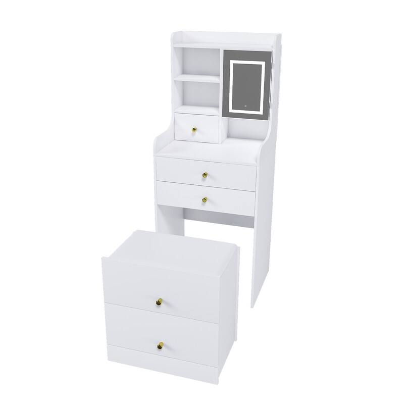 3-in-1 Dressing Table with LED Mirror & Storage Stool - Compact Makeup Vanity with 4 Drawers, Storage Cabinet & Hidden Stool
