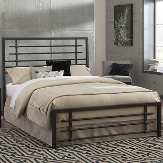 Home Fare Industrial Upholstered Queen Metal Bed with Nail Boarder 