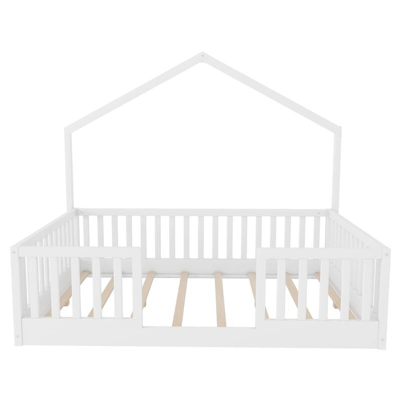 Roomfitters Twin/Full Floor Platform Bed, House Frame and LED Light with Wooden High Rails for Bedrooms or Guest Rooms