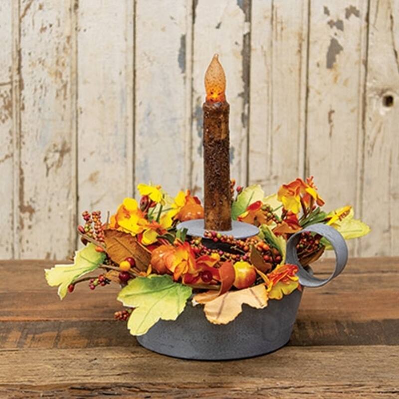 Weathered Grey Galvanized Metal Taper Candle Holder with Raised Pedestal and Thumb Ring Handle - 7”W x 4.5”H
