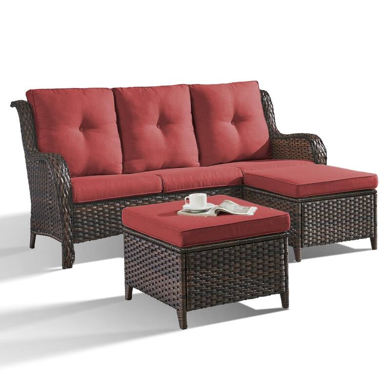 Pocassy 3-Piece Outdoor Wicker Sofa Set with Ottoman - Brown/Red