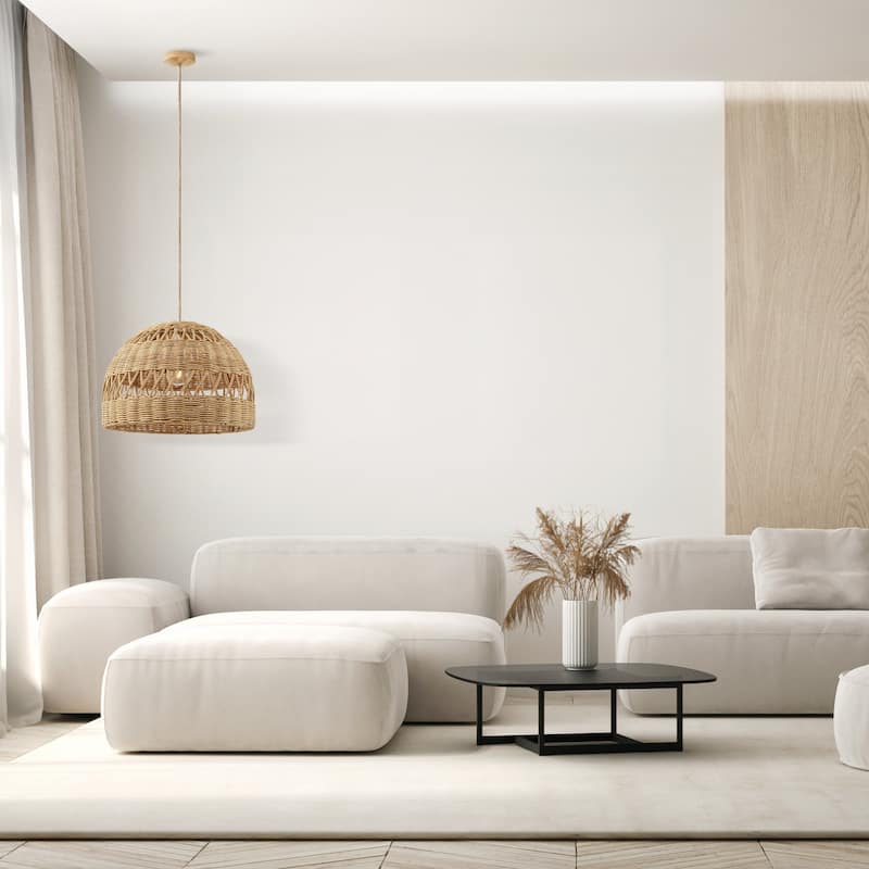 Radiant Rattan Pendant Light - Natural Dome 1-Light Handwoven Light Fixture For Modern, Transitional, Farmhouse Room Decor