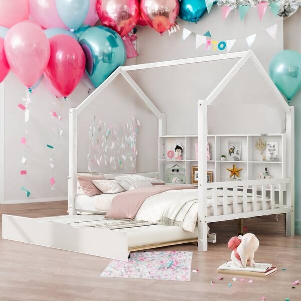 slide 2 of 27, Full Size Wooden House Bed Kids Bed with Trundle and Shelf White