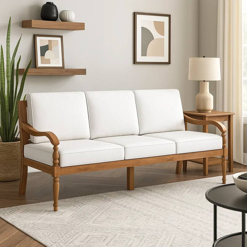 Pena Outdoor Sofa, White Linen Cushions, 76 Inch Brown Acacia Wood