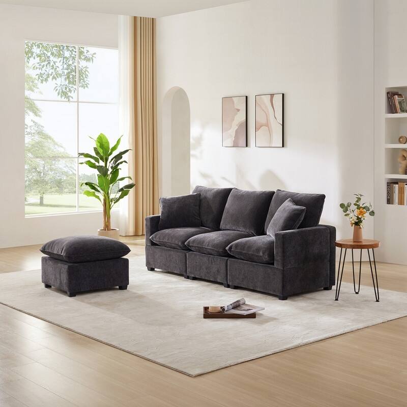 84" Modern Chenille Living Room Sofa,3 Seater Sectional Couch with 2 Pillows and Ottoman - Grey
