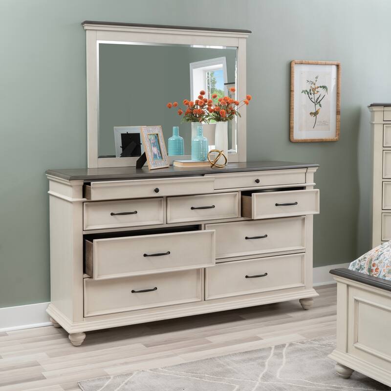 Linon Ellington Antique White and Brown King Bedroom Set