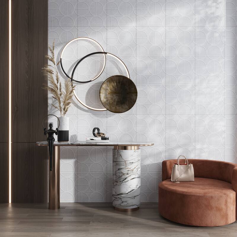 Imprint 16x48 in. Soft Cloud White Matte Ceramic Concentric Circle Large Wall Tile (15.5 sq ft/case, 3-Pack) - Soft Cloud White