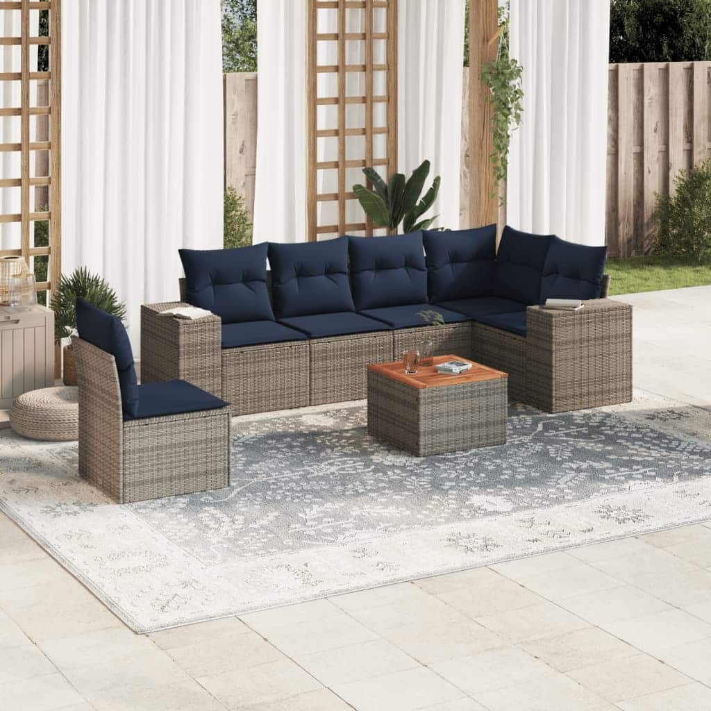 vidaXL Patio Sofa Set with Cushions Outdoor Furniture 7 Piece Poly Rattan - 24.4x 24.4x 27.2