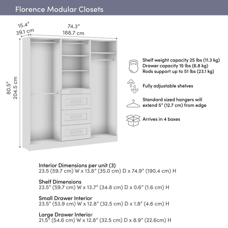 Bestar Florence 75W x 16D Closet System with Rods, Drawers, Shaker