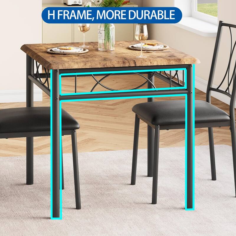 3-Piece Industrial Dining Set, Table with 2 Upholstered Chairs & Metal Legs, Space-Saving Breakfast Table Set