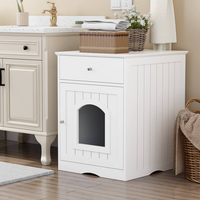 Wooden Pet House Cat Litter Box Enclosure with Drawer, Side Table, Indoor Pet Crate, Cat Home (White)