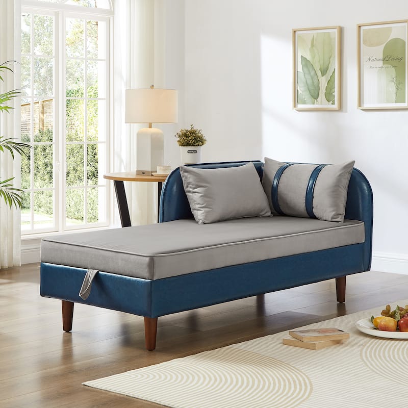65" Storage Chaise Lounge Sofa with PU and Velvet Upholstery, Modern Sleeper Sofa with Hidden Storage - Blue