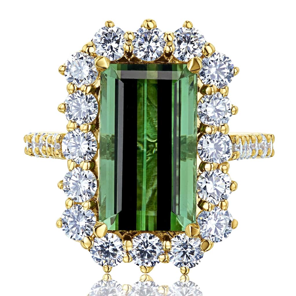 Kobelli 9.66 Carats Green Tourmaline & White Diamond 14k Solid Gold Elongated Emerald-cut Rococo Halo Elizabeth Ring