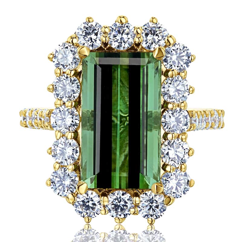 Kobelli 9.66 Carats Green Tourmaline & White Diamond 14k Solid Gold Elongated Emerald-cut Rococo Halo Elizabeth Ring