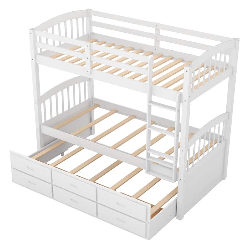 Twin Over Twin Bunk Bed with Trundle & 3 Drawers, Wood Bunk Bed Frame w/Ladder & Guardrails, Convertible to Single & Captain Bed
