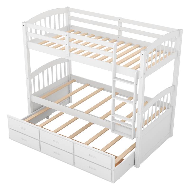 Twin Over Twin Wood Bunk Bed With Trundle And Drawers