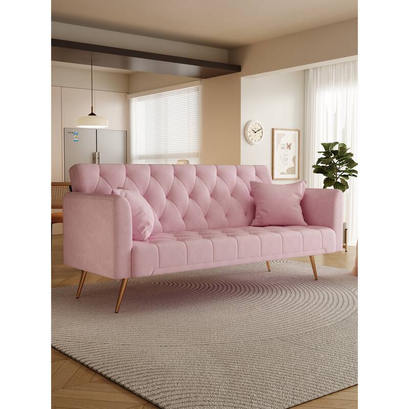 Multifunctional Velvet Sofa Bed, Easily Transformable, Adjustable Angle, Suitable for Modern living Spaces, Metal Legs - Pink