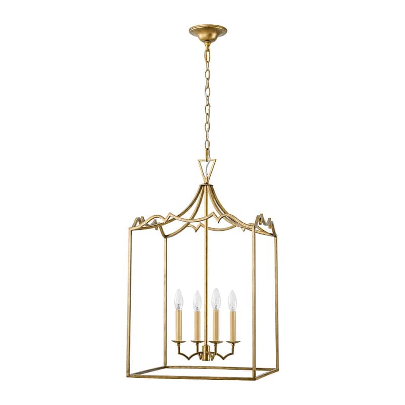 Vintage 4-Light Candle Aged Gold Iron Square Cage Pendant Lantern