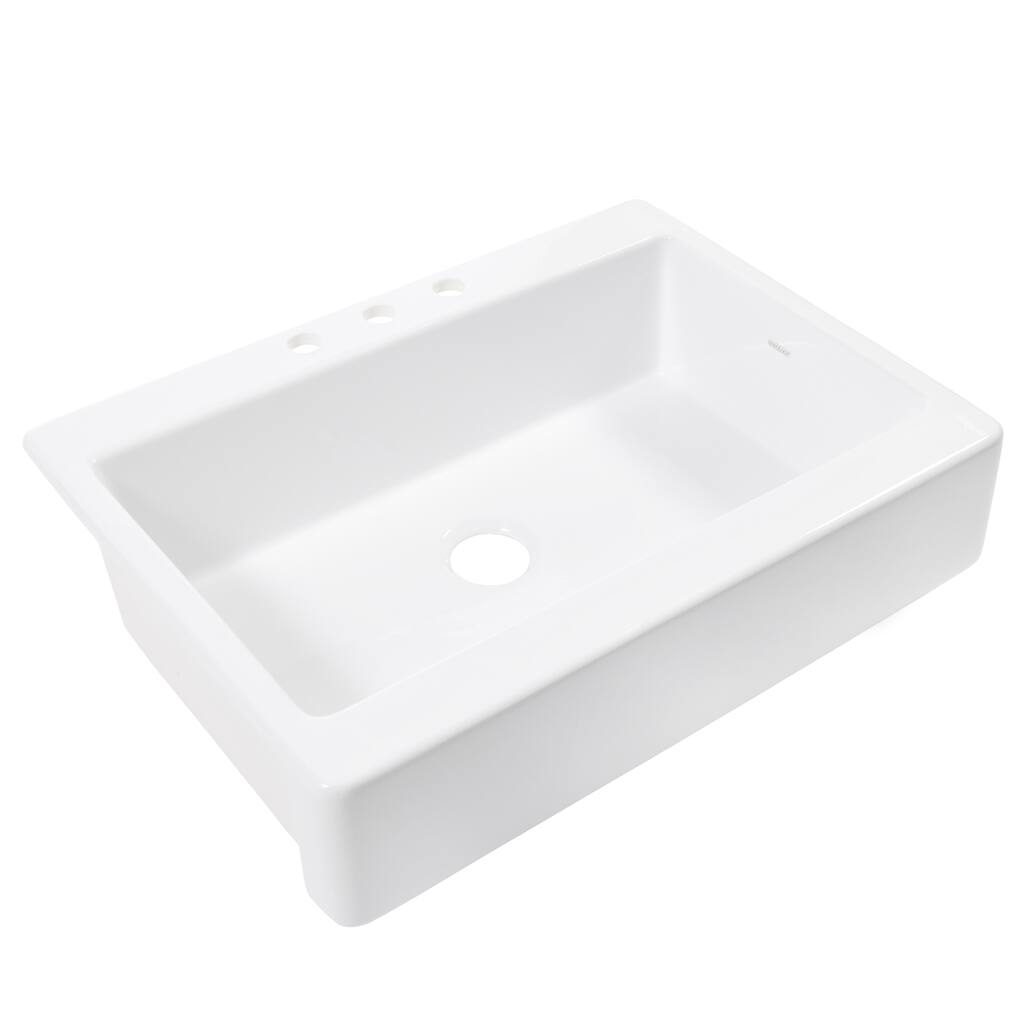 Parker Crisp White Fireclay 34" Single Bowl Quick-Fit Drop-in Farmhouse Apron Front Traditional-Style Kitchen Sink and Drain