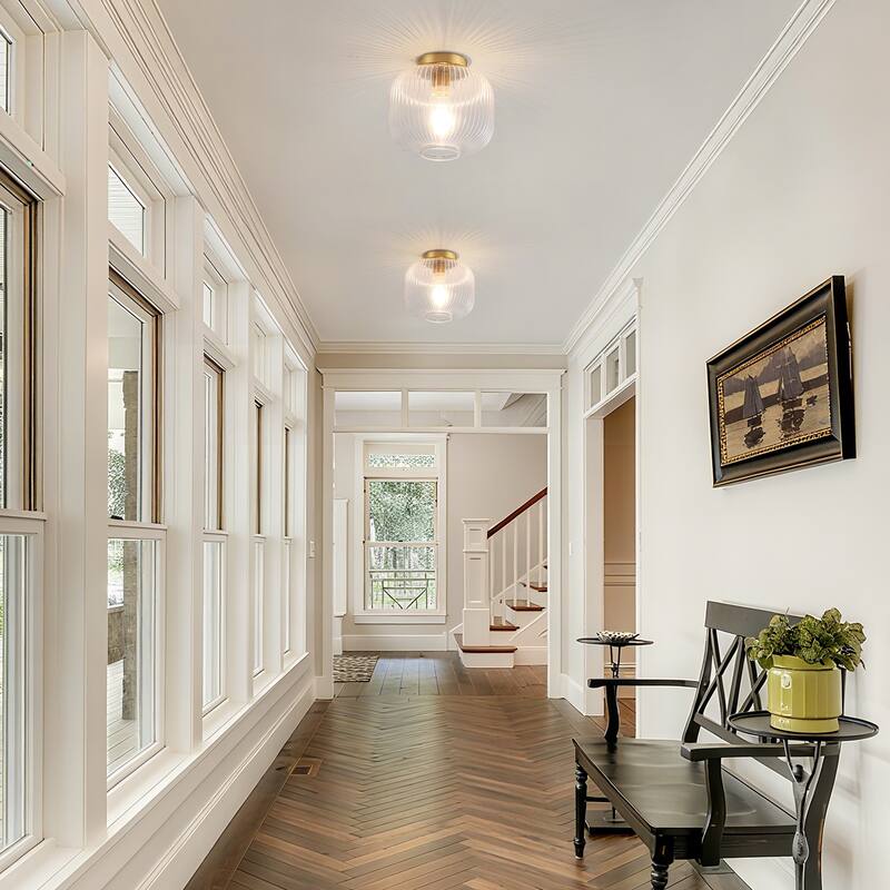 1-Light Mid-Century Modern Ribbed Glass Flush Mount Light