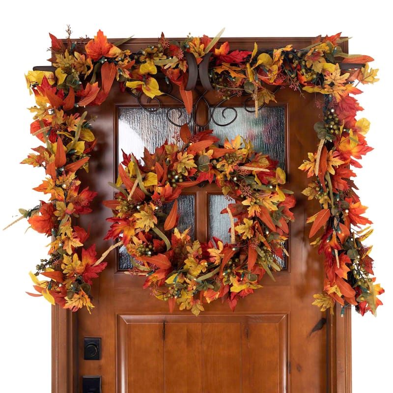 24 in. Holiday Wreath with Lights - Fall Harvest Leaf - 30 Inch