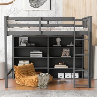 Wood Twin Size Loft Bed with 8 Open Storage Shelves, Multi-Function Loft Bed