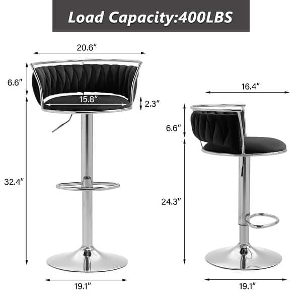 dimension image slide 11 of 24, Modern Velvet Adjustable Swivel Bar Stools Set of 2