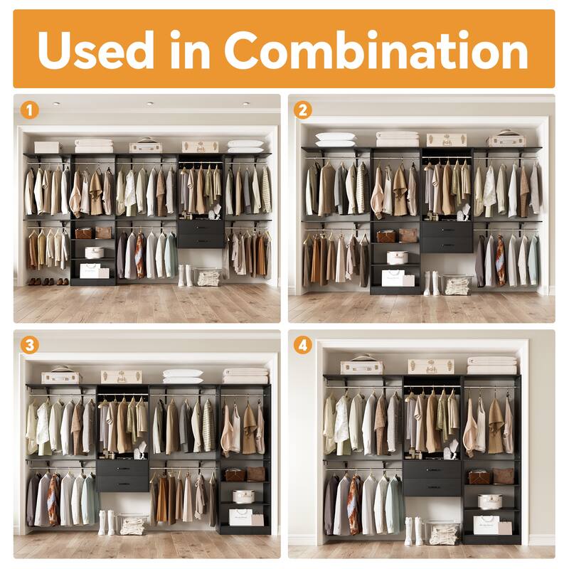 Closet System with 2 Sets, 154'' Walk-in Closet Organizer System with 2 Drawers & 8 Hanging Rods & 6 Reversible Shelf Towers