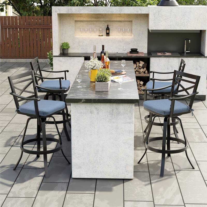 Outdoor Bar Stools Patio Aluminum Swivel Barstools with Sunbrella Cushion - 4-piece set, Spectrum Denim Cushion