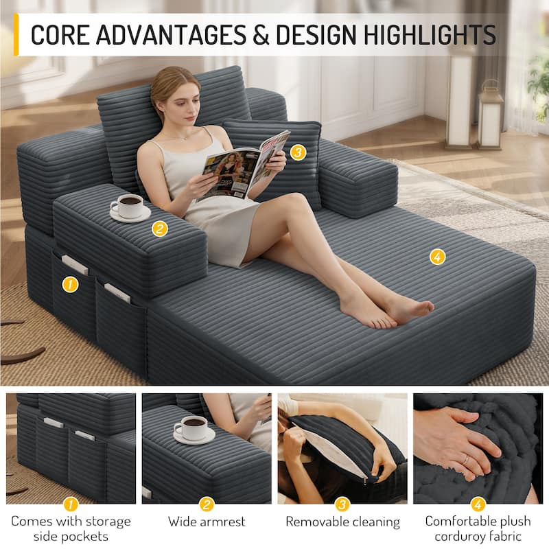 Luxurious Plush Corduroy Chaise Lounge Convertible Sofa Bed with Storage Pocket and Wide Armrests