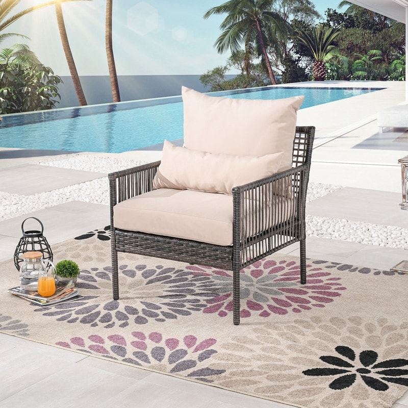 Outdoor Wicker Chair with Cushions and Pillow - Armrest