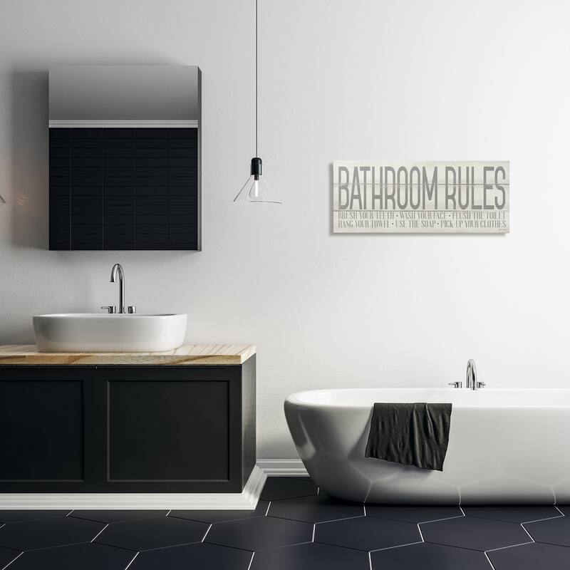 Stupell 'Bathroom Rules' Grey and White Planked Look Typography Canvas Wall Art