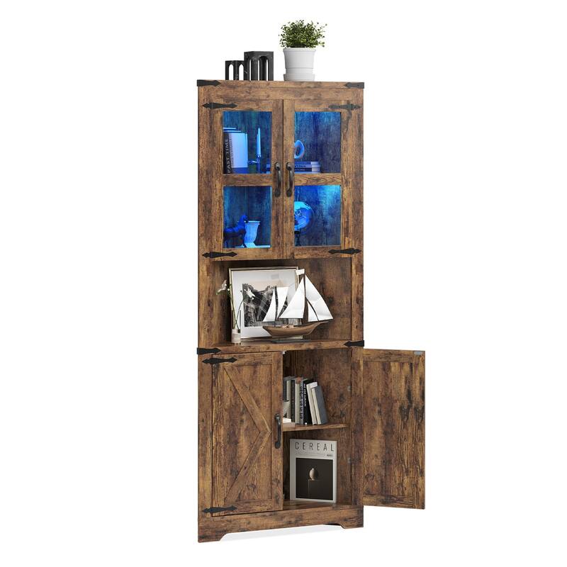 Tall Corner Cabinet, Farmhouse Corner Storage Cabinet with Glass Door & Adjustable Shelves, Space Saving Storage