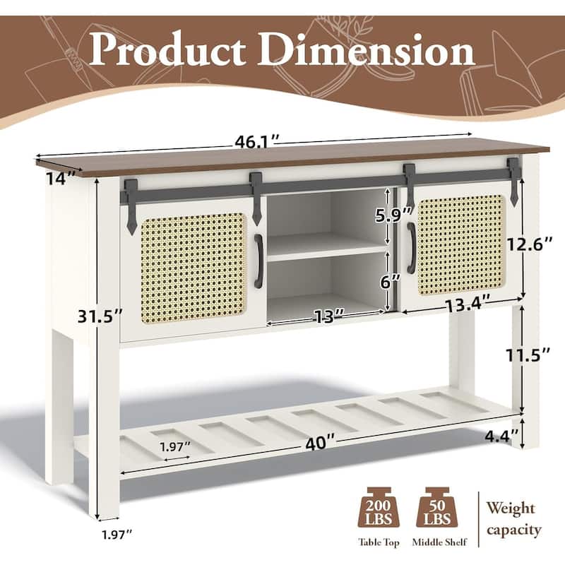 AECOJOY Buffet Cabinet, Coffee Bar Storage Cabinet, 46'' Coffee Bar Table with Rattan Sliding Barn Door, Adjustable Shelves