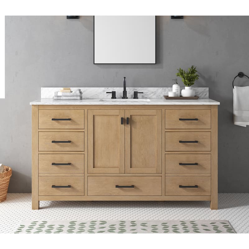 Avanity Modero 60 in. Single Sink Bathroom Vanity with Carrara Marble Top - 61"W x 22"D x 35"H - Brushed Oak