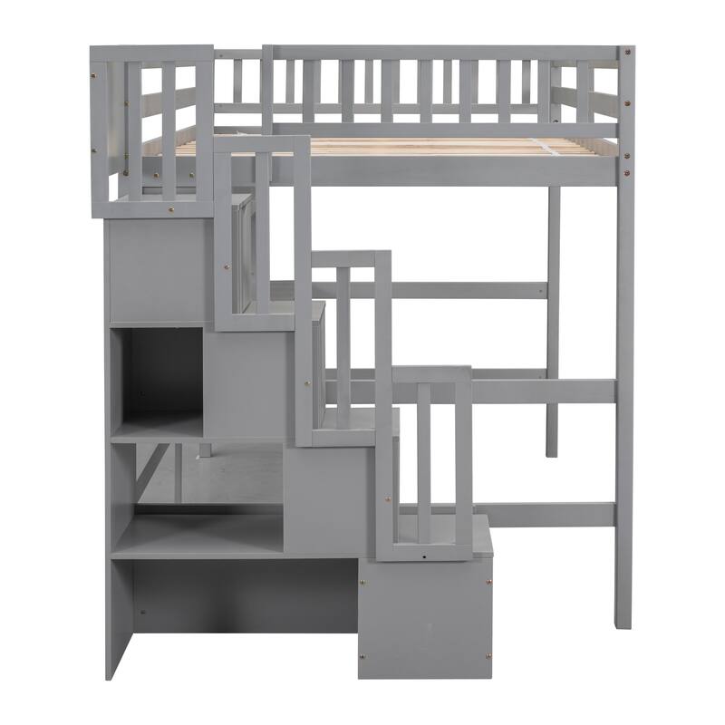 Wood Full Size Loft Bed with Desk, Storage shelves and Staircase
