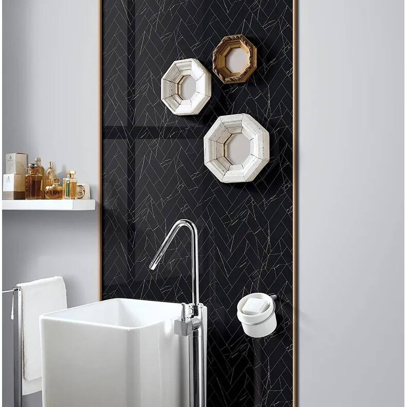 Veneto 11.1 in. x 12.36 in. Polished Black Marquina Porcelain Herringbone Wall and Floor Tile (4.76 sq ft/case) - 5 Sheets