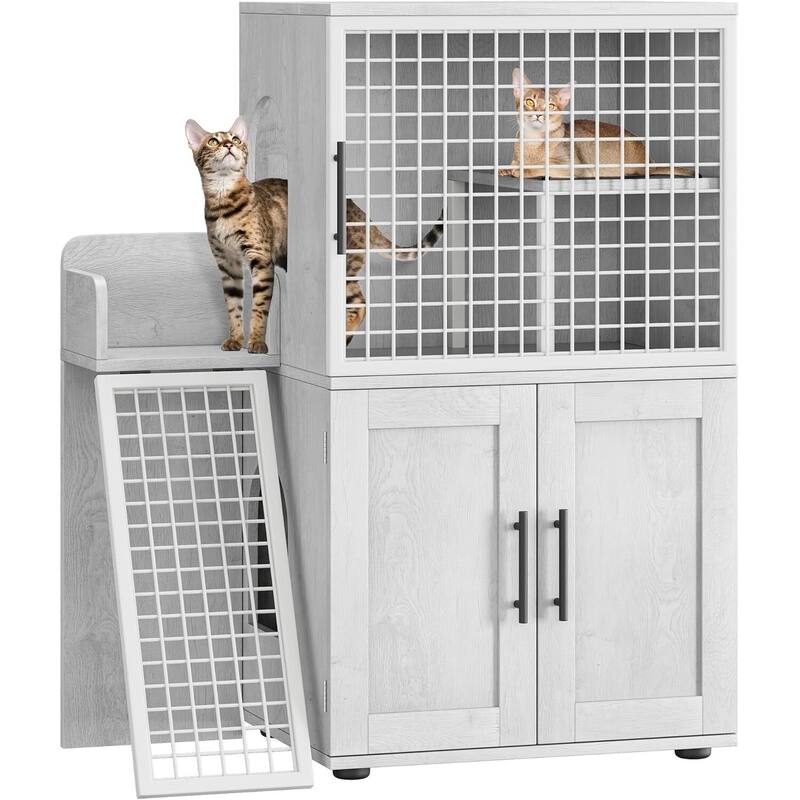 Litter Box Enclosure with Cat House - White