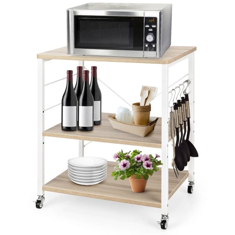 3-Tier Kitchen Baker's Rack Microwave Oven Storage Cart with Hooks - 23.5" x 16" x 29" (L x W x H)